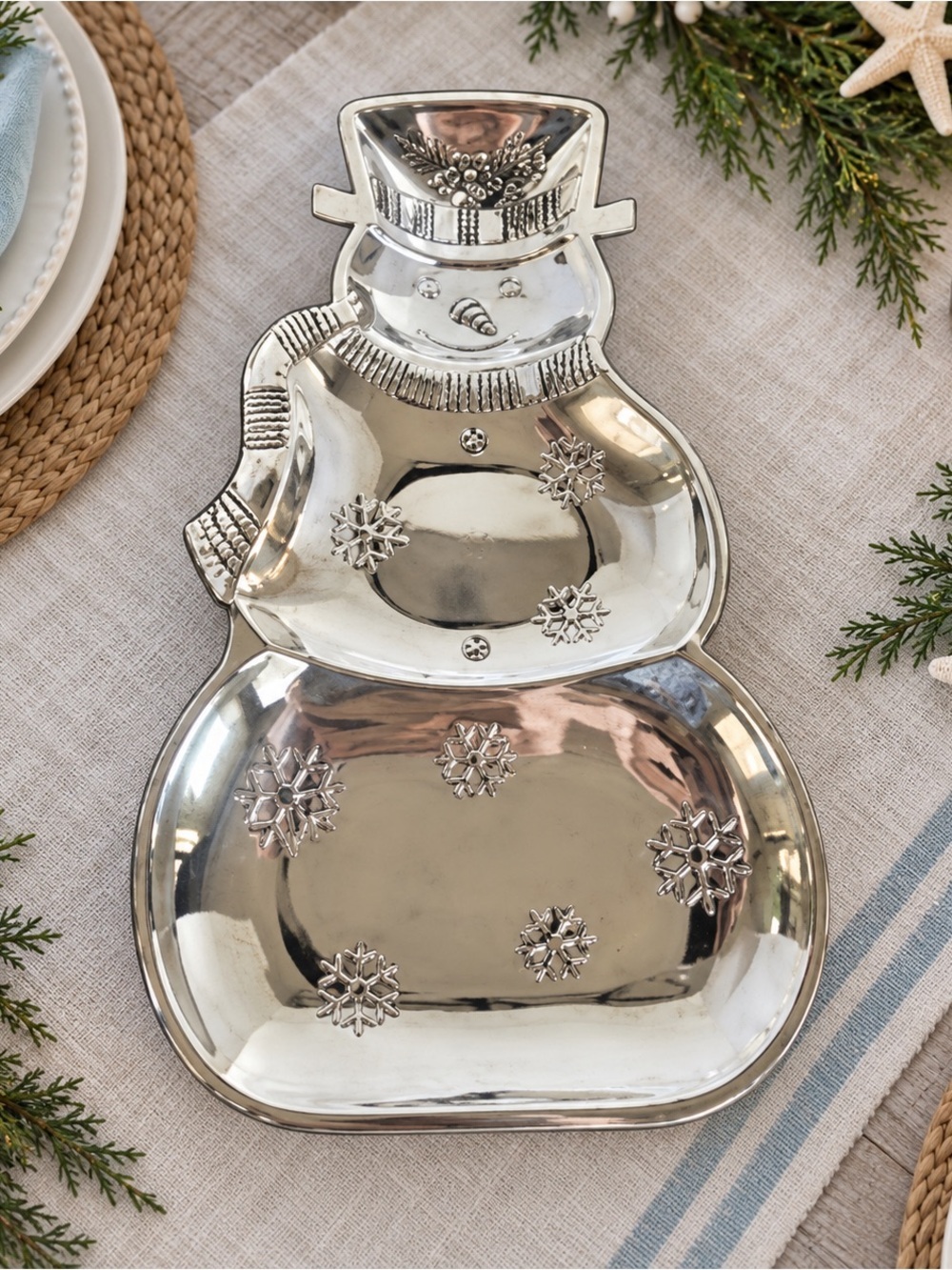 Silver Snowman Serving Tray - Holiday Home Decor